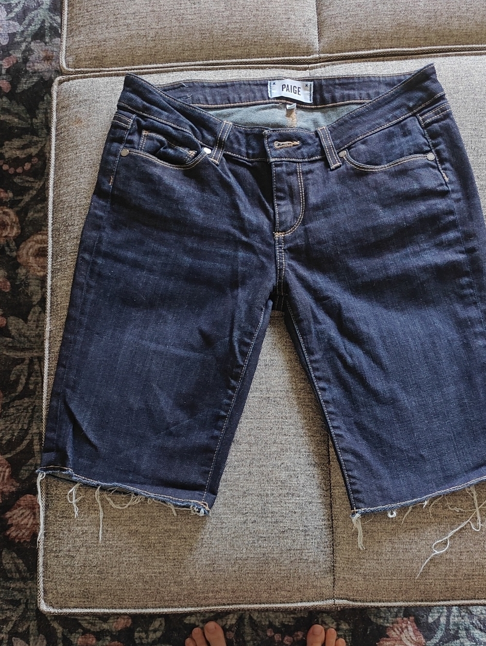 PAIGE Dark Indigo Cropped Denim Shorts with Frayed Hem